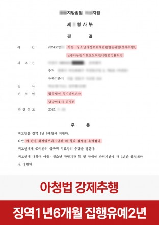 아청강제추행, 아동청소년성범죄, 형사사건, 집행유예, 성범죄처벌